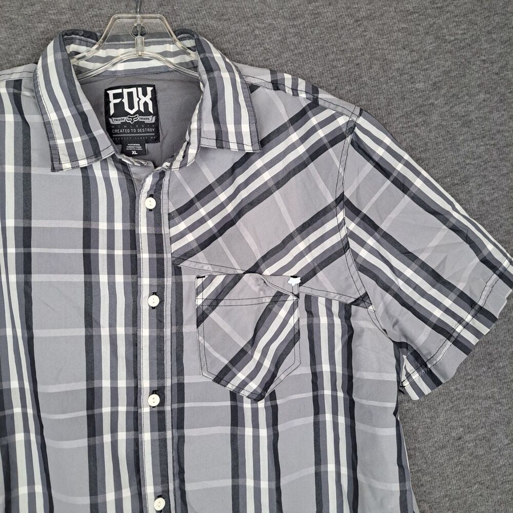 Fox Racing Button Up Short Sleeve Shirt Gray Plaid Men's Size XL Cotton